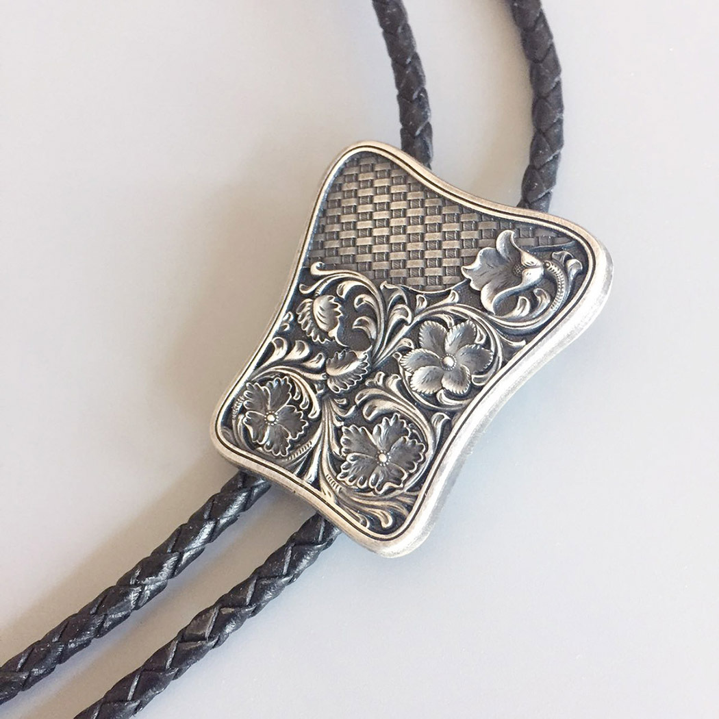 Vintage Silver Carved Flower Western Cowboy Cowgirl Bolo Tie BOLOTIE-023