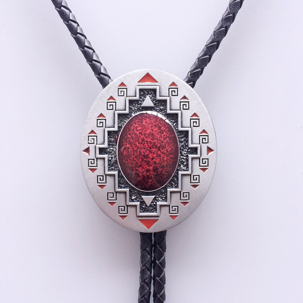 Antique Brushed Silver Southwest Pattern Oval Bolo Tie BOLOTIE-001