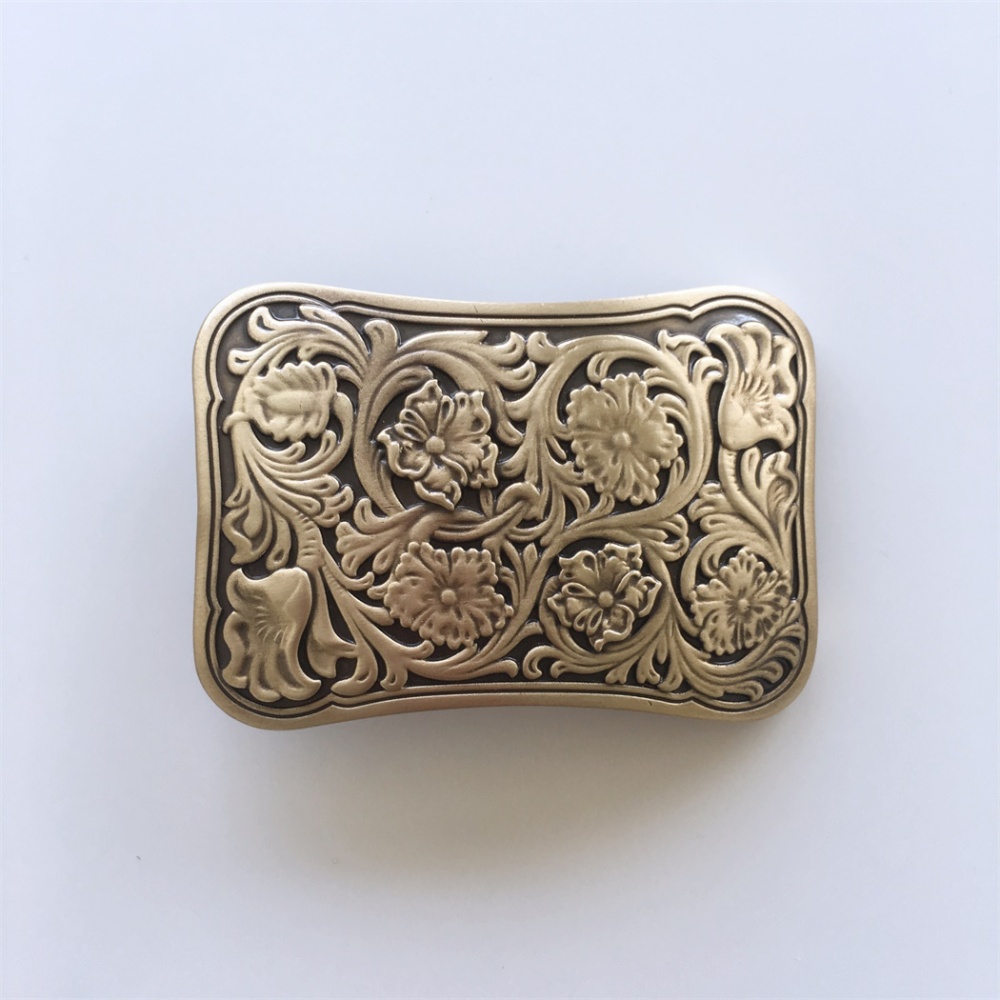Western Flower Southwest Rectangle Solid Brass Belt Buckle BUCKLE-BS014