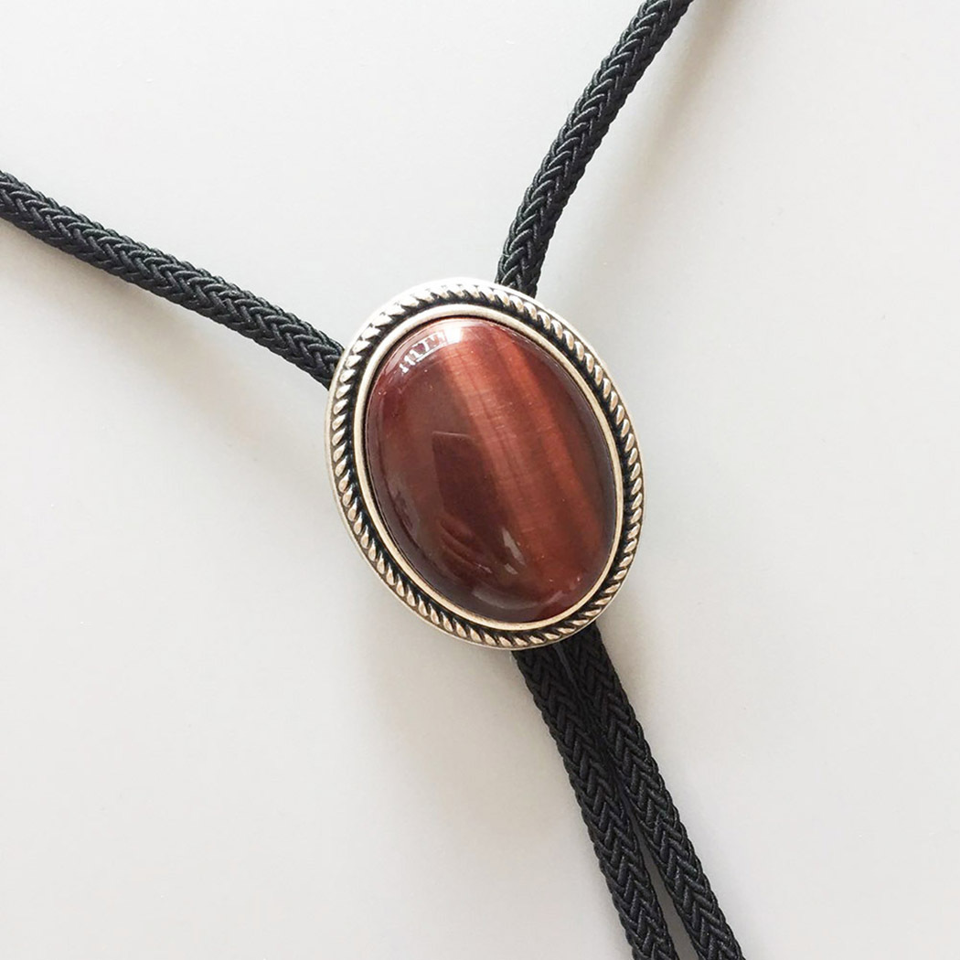 Red Tiger Eye Stone Western Oval Bolo Tie With Braided Fiber Rope BOLOTIE-024SK