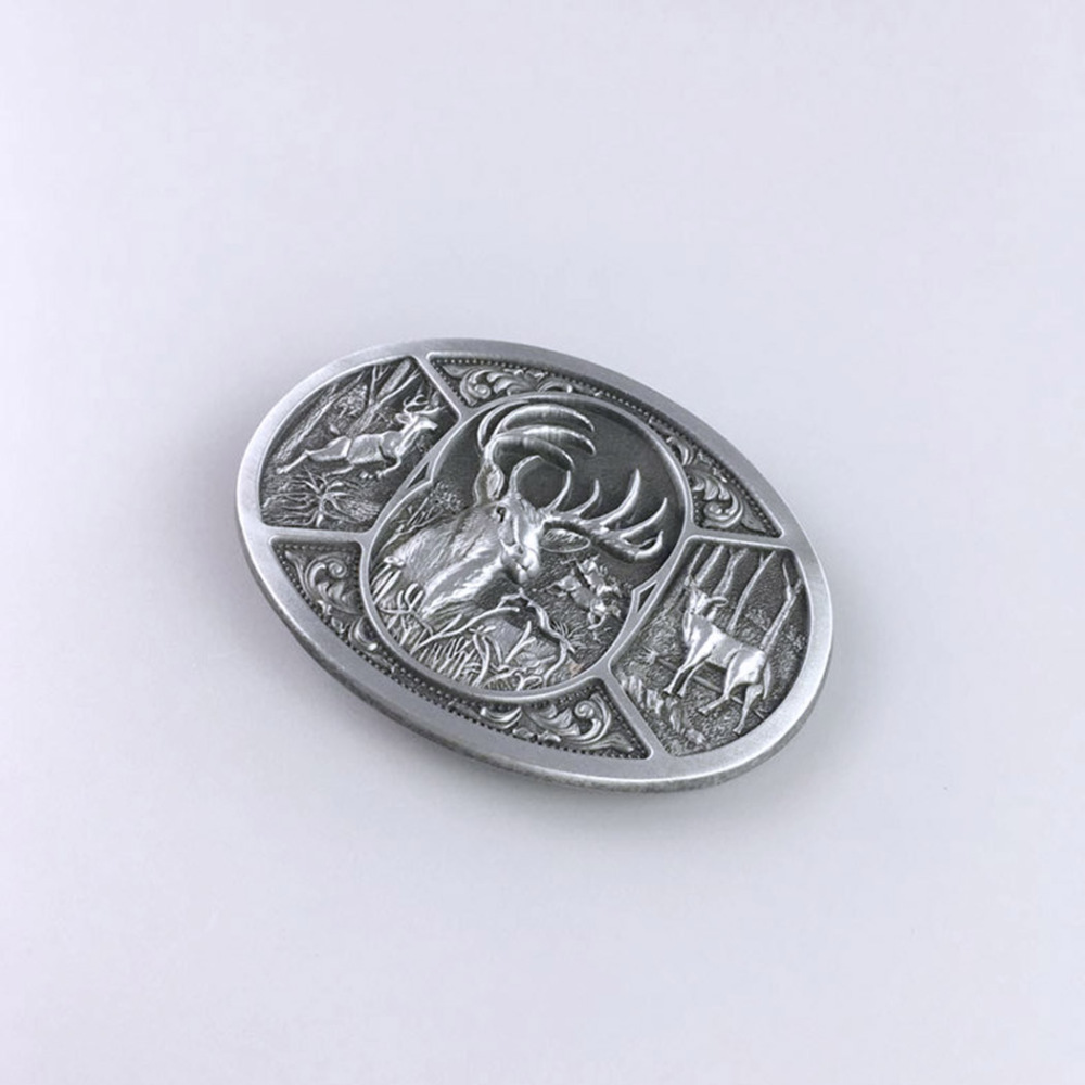 Antique Brushed Silver Western Deer Wildlife Oval Belt Buckle BUCKLE-WT151AS