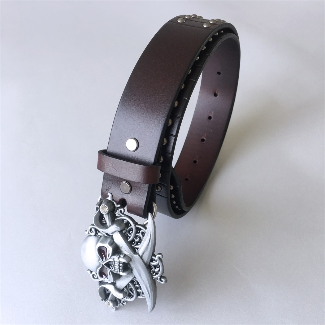 New Leather Belt | Emo Gothic Skull Brown Studded Genuine Leather Belt BELT-006BW-SK015