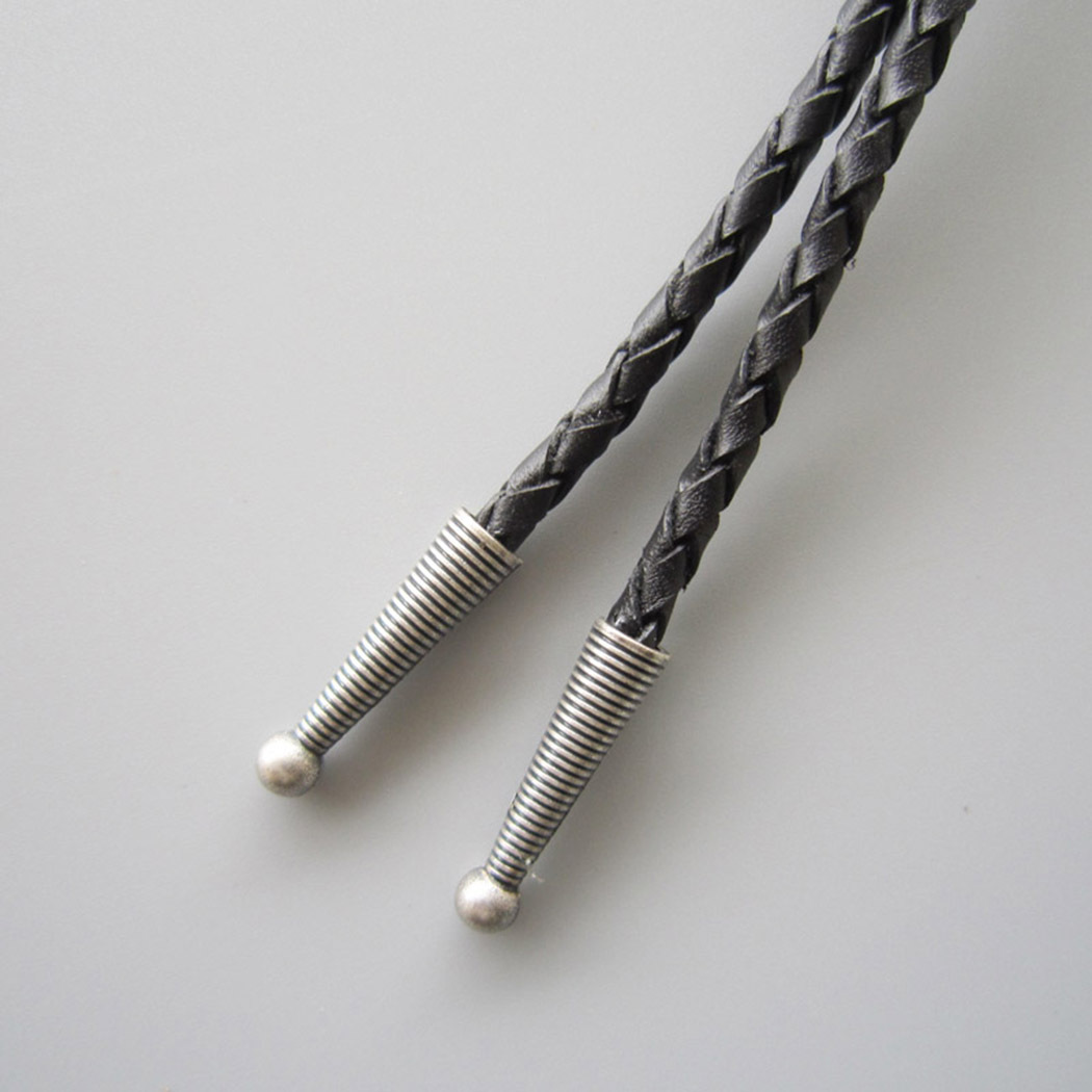 Vintage Silver Black Agate Stone Oval Bolo Tie With Braided Leather Rope BOLOTIE-009SL