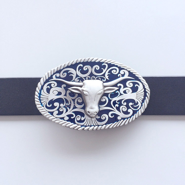 Classic Vintage Blue Enamel Longhorn Bull Western Oval Belt Buckle Gurtelschnalle Boucle de ceinture