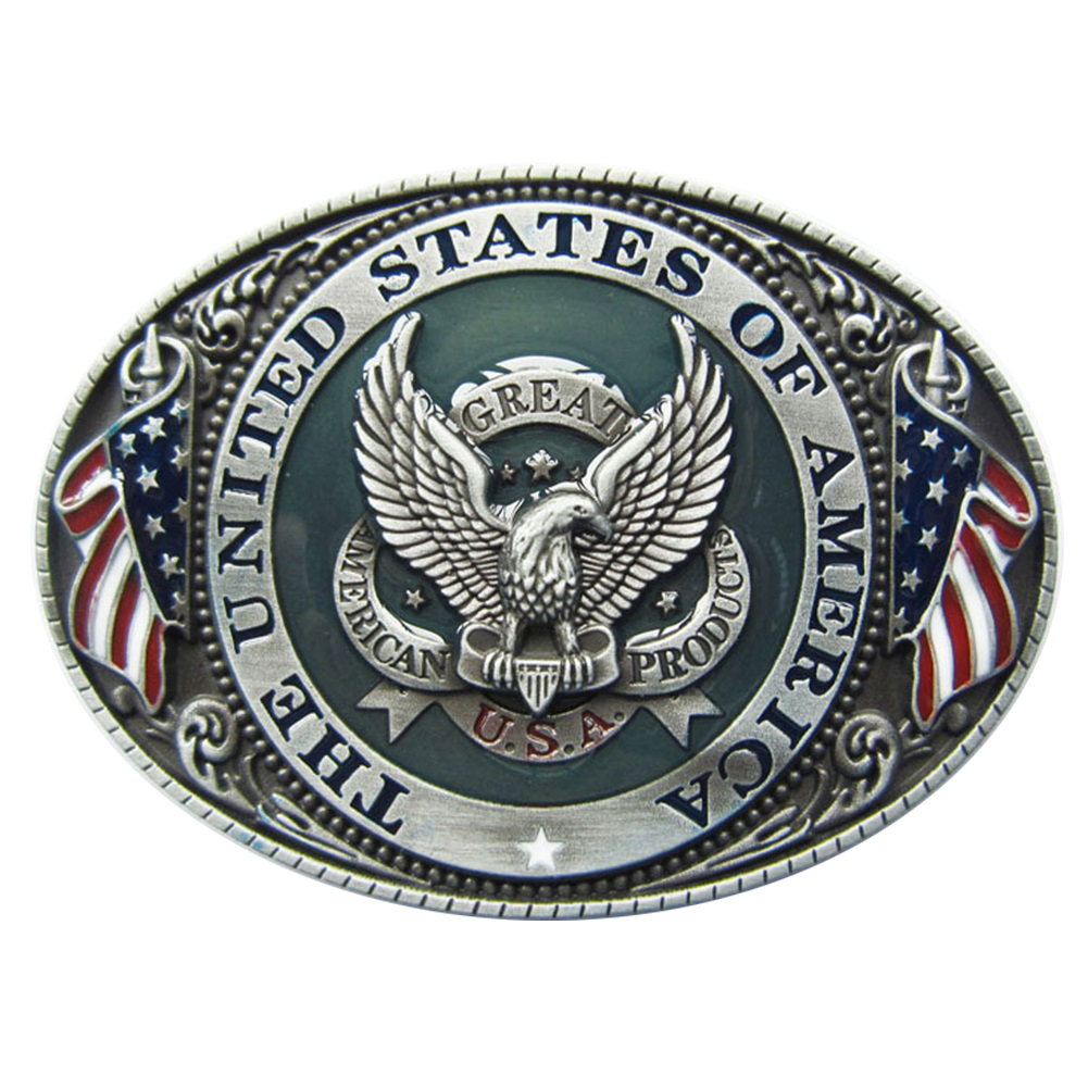 Anitique Silver Plated Enamel Great US Eagle Flag Oval Belt Buckle