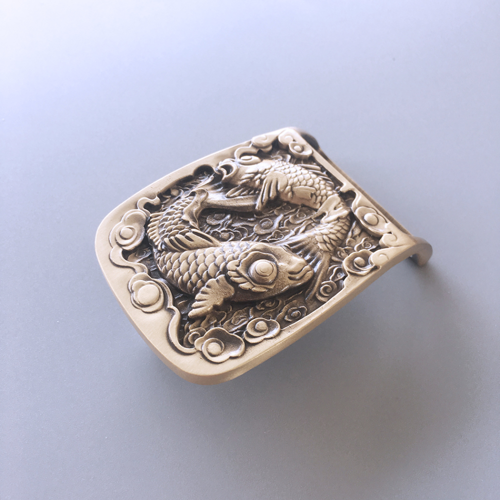 Double Fishes Rectangle Solid Brass Belt Buckle BUCKLE-BS012