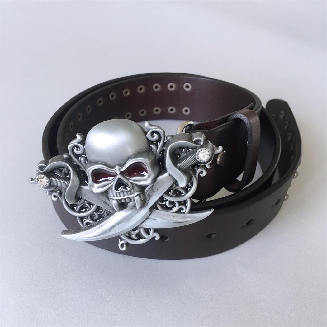 New Leather Belt | Emo Gothic Skull Brown Studded Genuine Leather Belt BELT-006BW-SK015