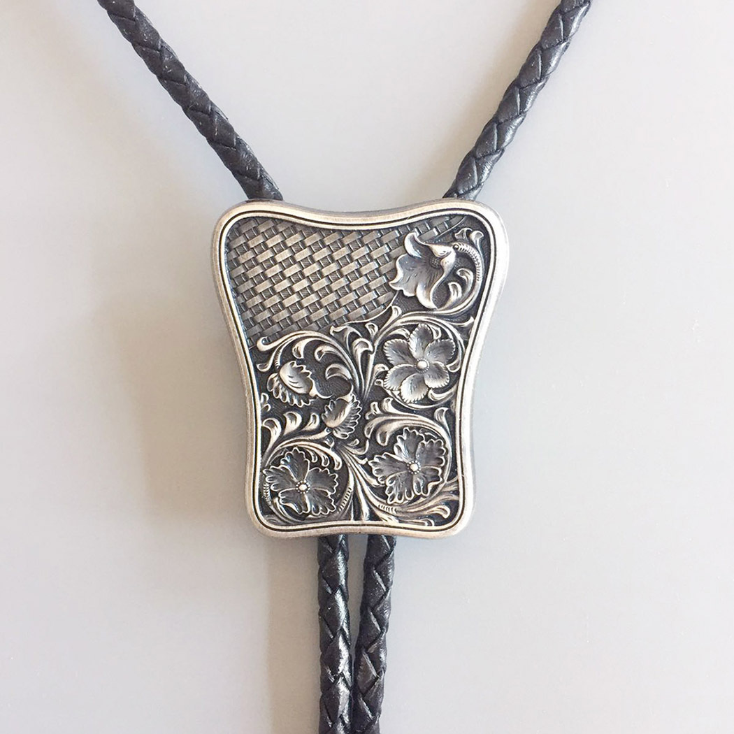 Vintage Silver Carved Flower Western Cowboy Cowgirl Bolo Tie BOLOTIE-023