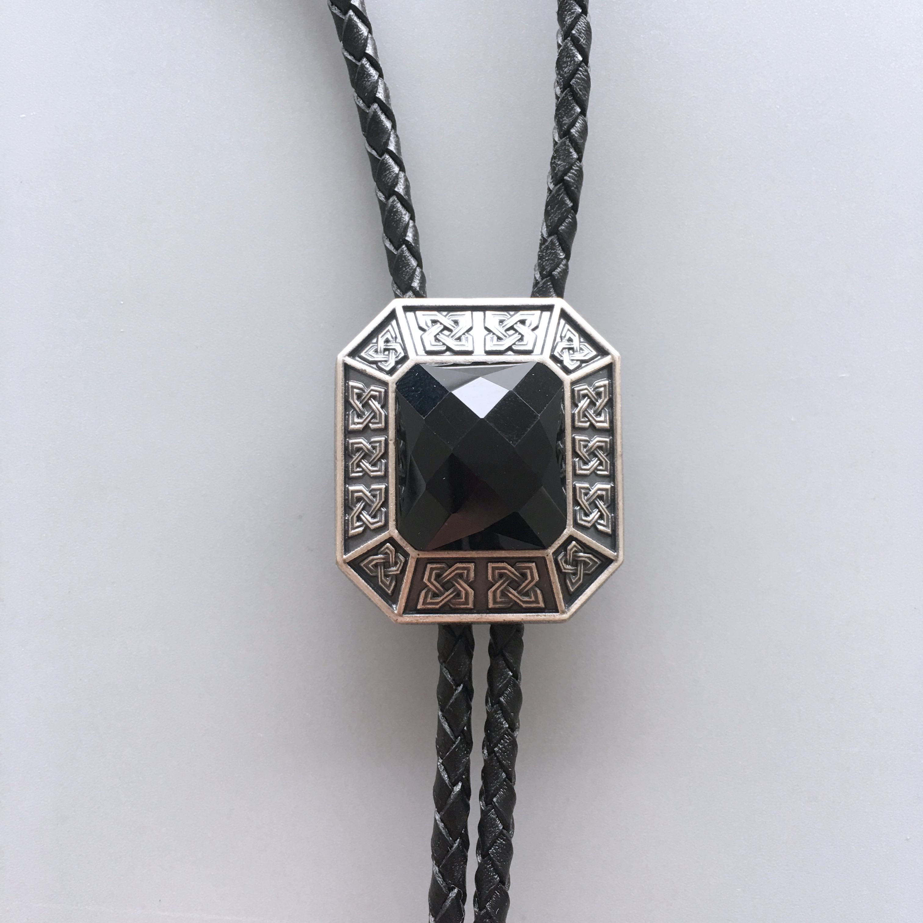 Vintage Silver Western Celtic With Black Agate Stone Bolo Tie BOLOTIE-021BK