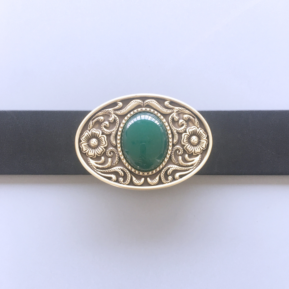 New Western Flower Stone Oval Solid Brass Belt Buckle BUCKLE-BT009