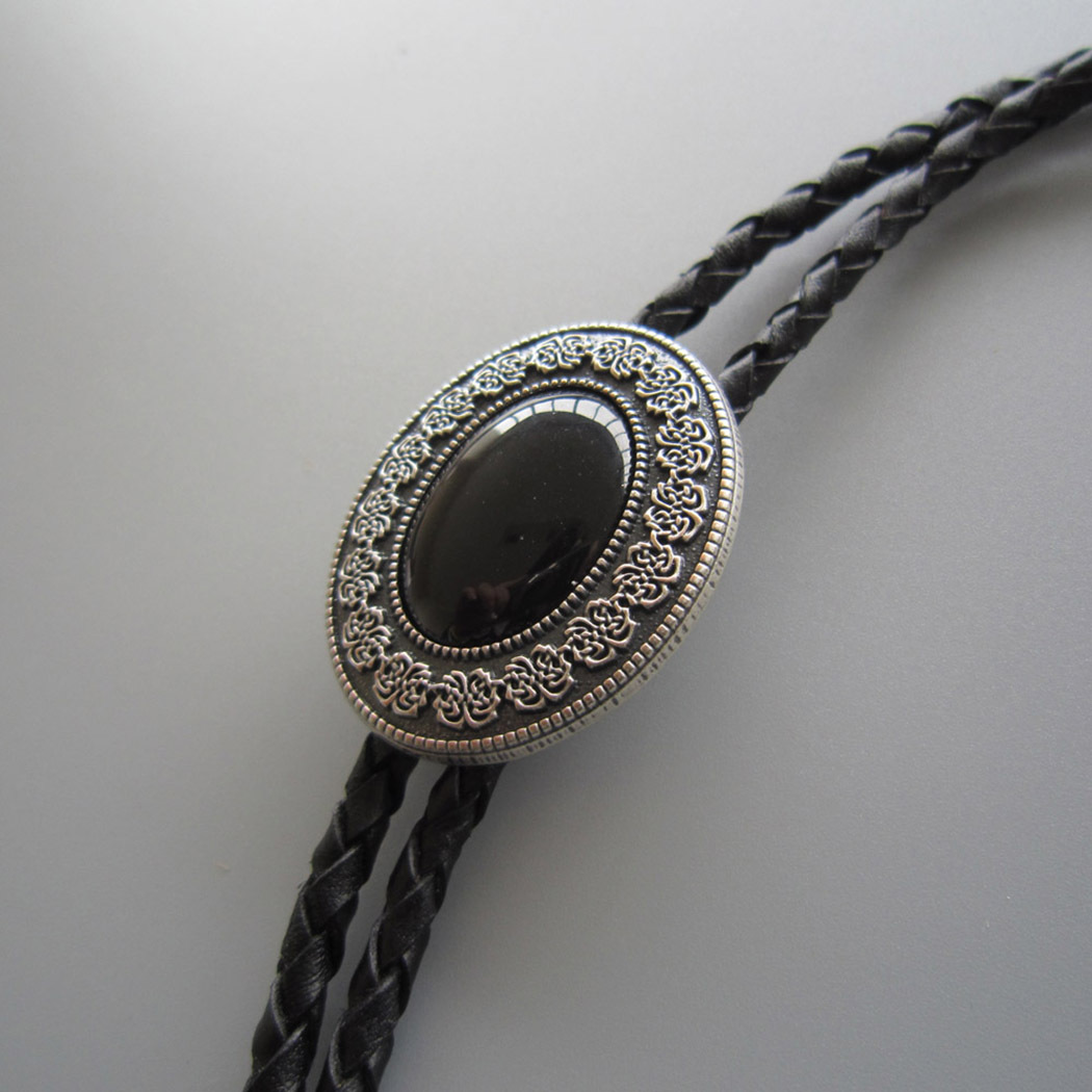 Vintage Silver Black Agate Stone Oval Bolo Tie With Braided Leather Rope BOLOTIE-009SL