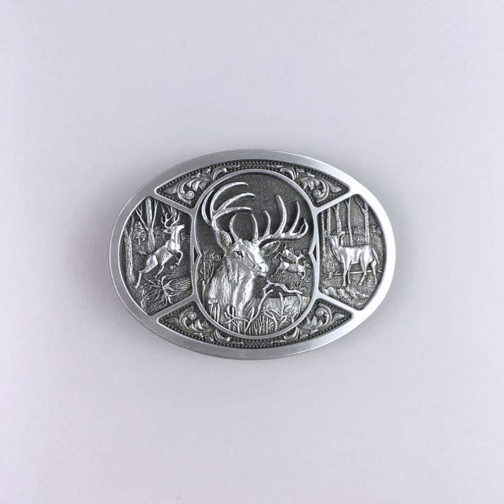 Antique Brushed Silver Western Deer Wildlife Oval Belt Buckle BUCKLE-WT151AS