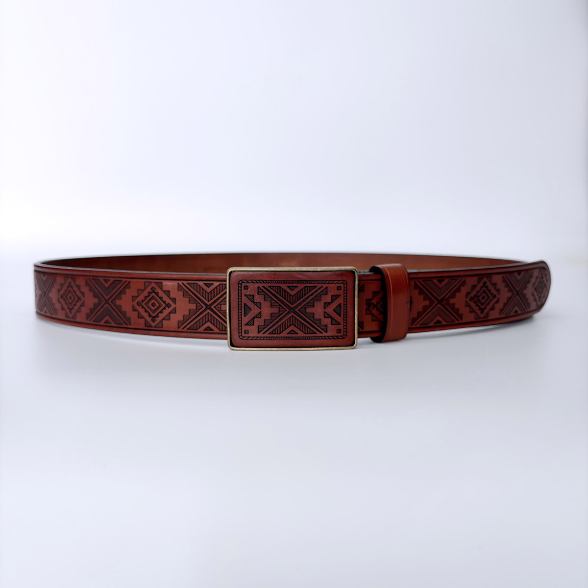Western Southwest Laser Engrave Brown Genuine Leather Belt With Solid Brass Buckle BELT1-028ZW