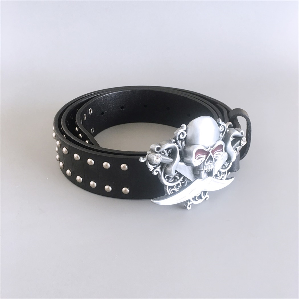 Gothic Skull Belt Buckle With Black Studded Genuine Leather Belt BELT-006BK-SK015