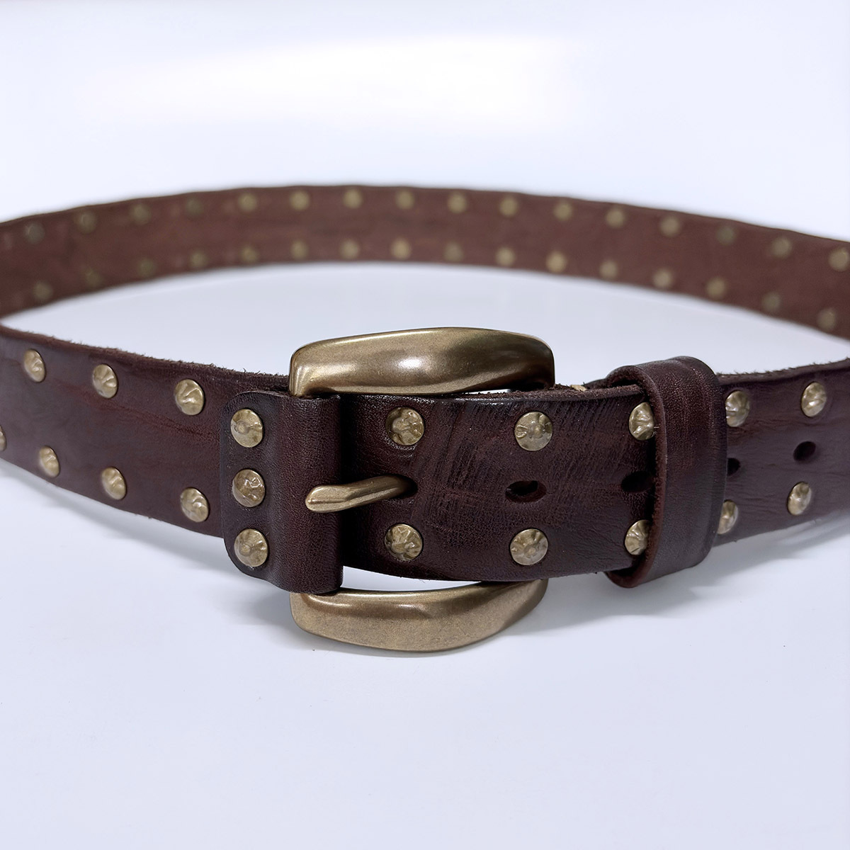 Copper Rivets Dark Coffee Genuine Leather Belt With Brass Pin Buckle BELT1-019BW
