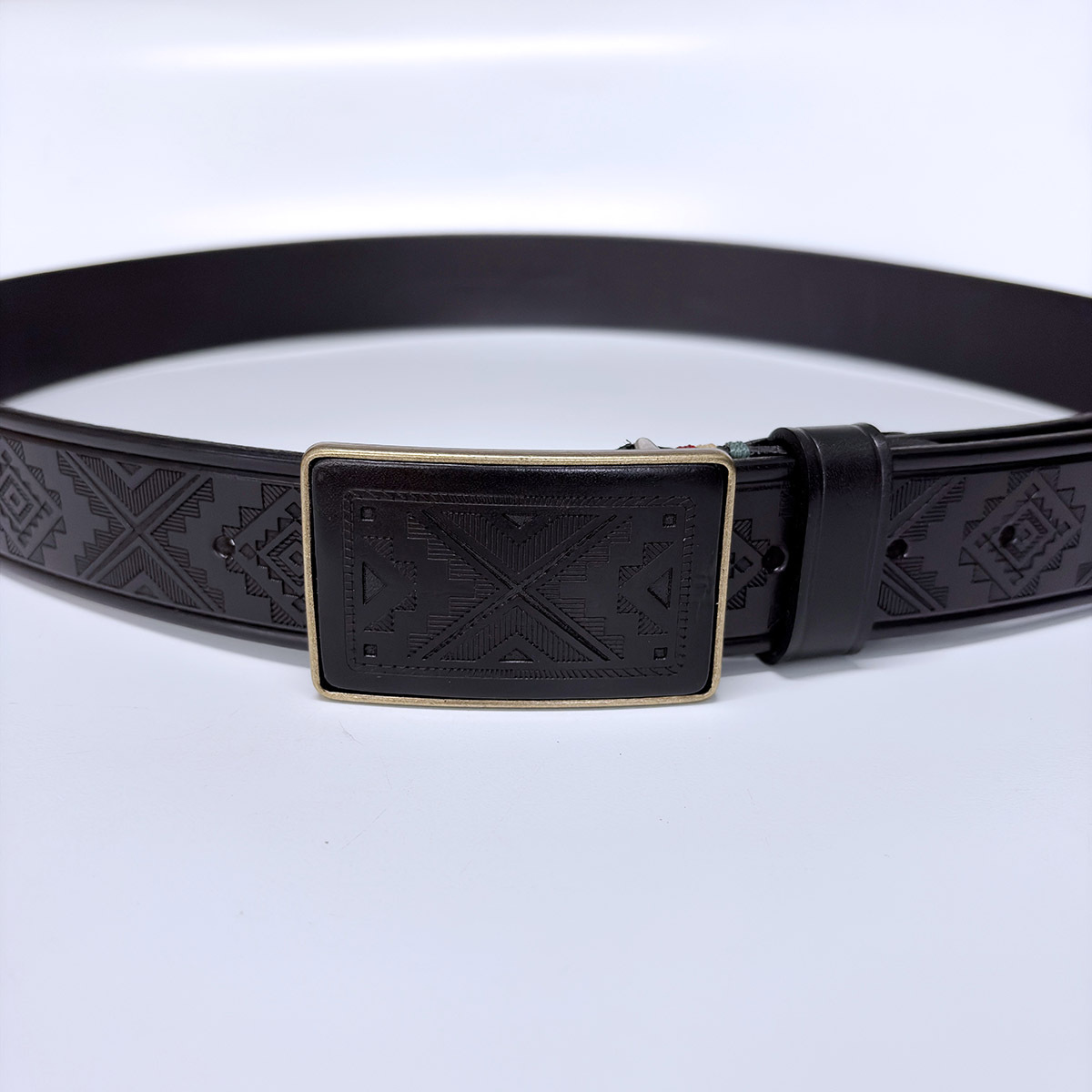 Western Southwest Laser Engrave Black Genuine Leather Belt With Solid Brass Buckle BELT1-028BK