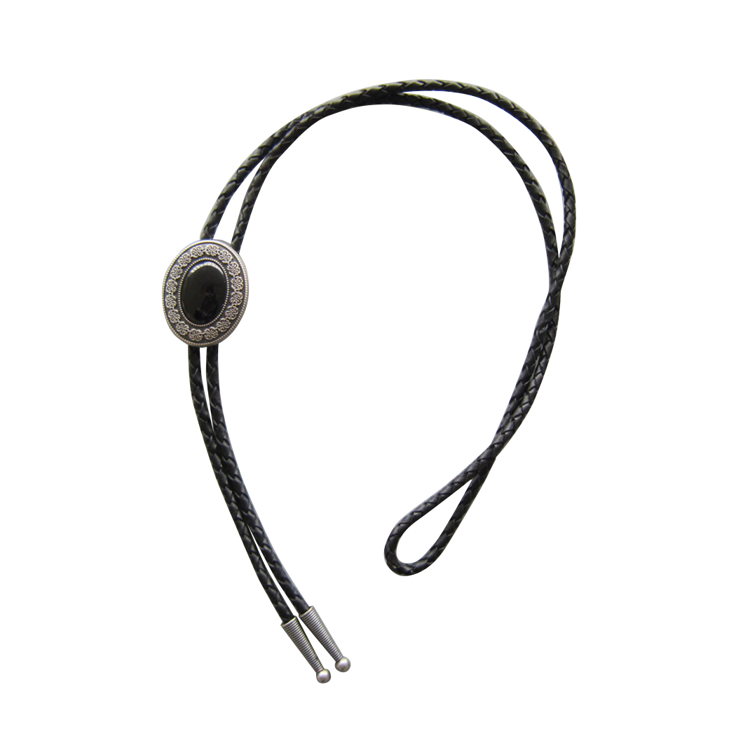 Vintage Silver Black Agate Stone Oval Bolo Tie With Braided Leather Rope BOLOTIE-009SL