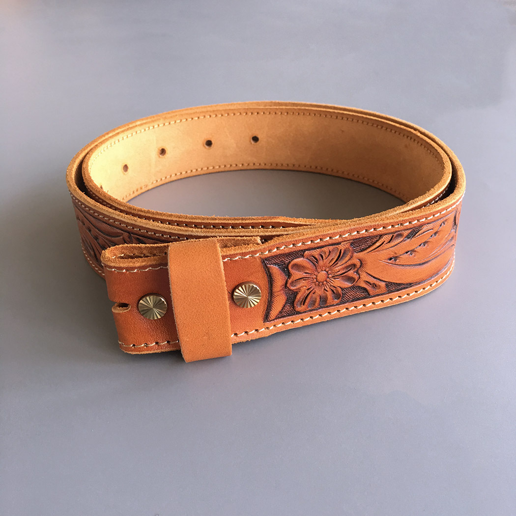 Light Coffee Hand Crafted Western Flowers Solid Real Leather Belt With Brass Screws BELT1-003LW