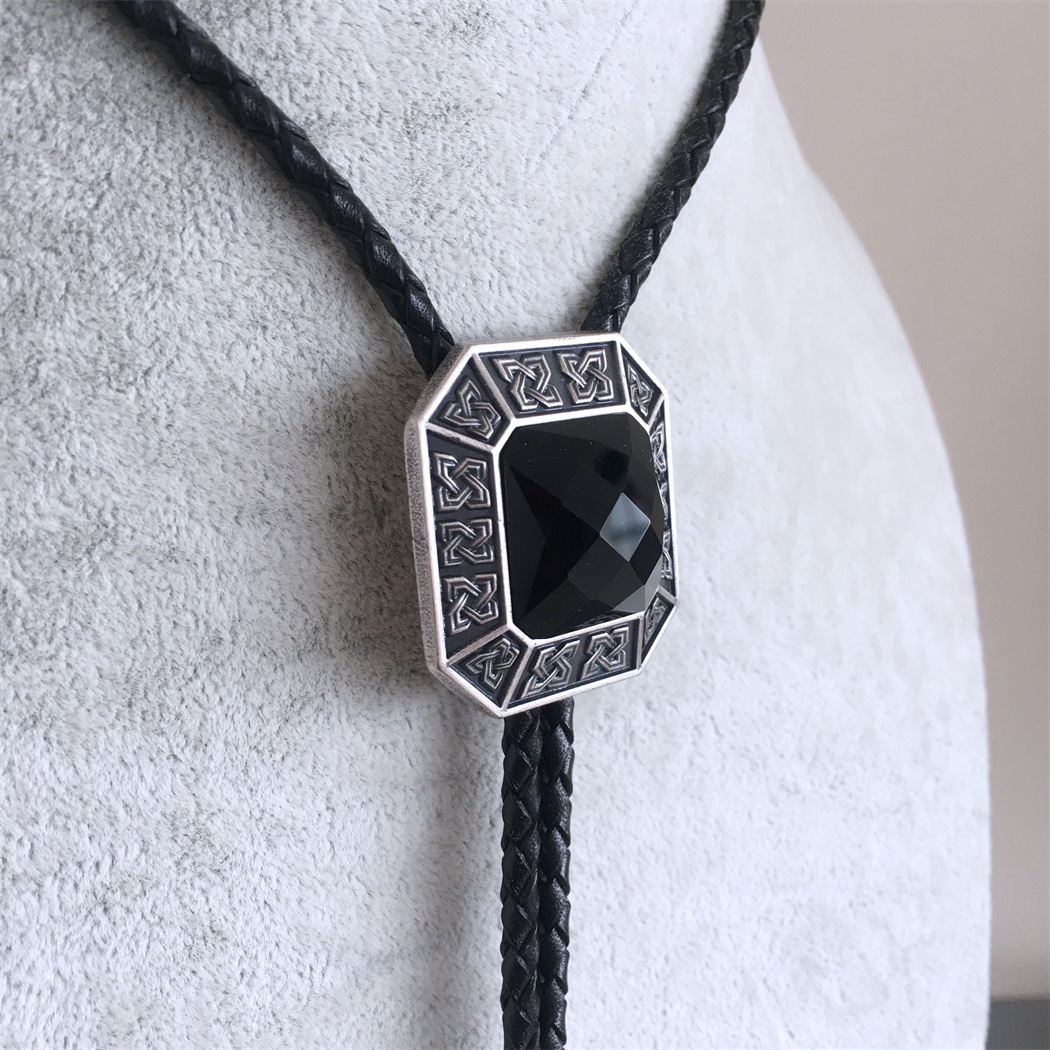 Vintage Silver Western Celtic With Black Agate Stone Bolo Tie BOLOTIE-021BK