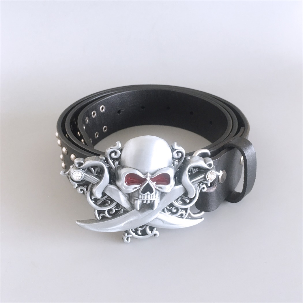 Gothic Skull Belt Buckle With Black Studded Genuine Leather Belt BELT-006BK-SK015