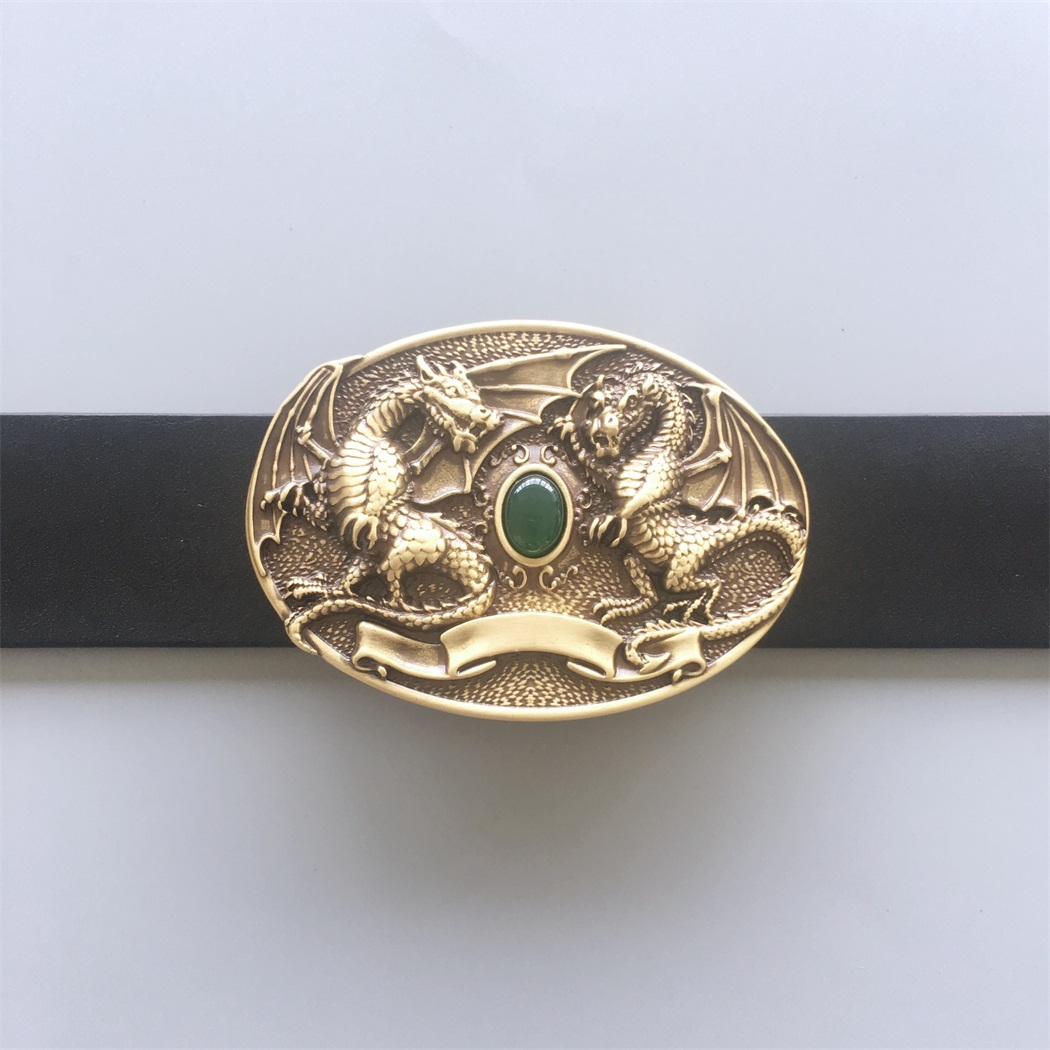 Twin Dragon Oval Solid Brass Belt Buckle