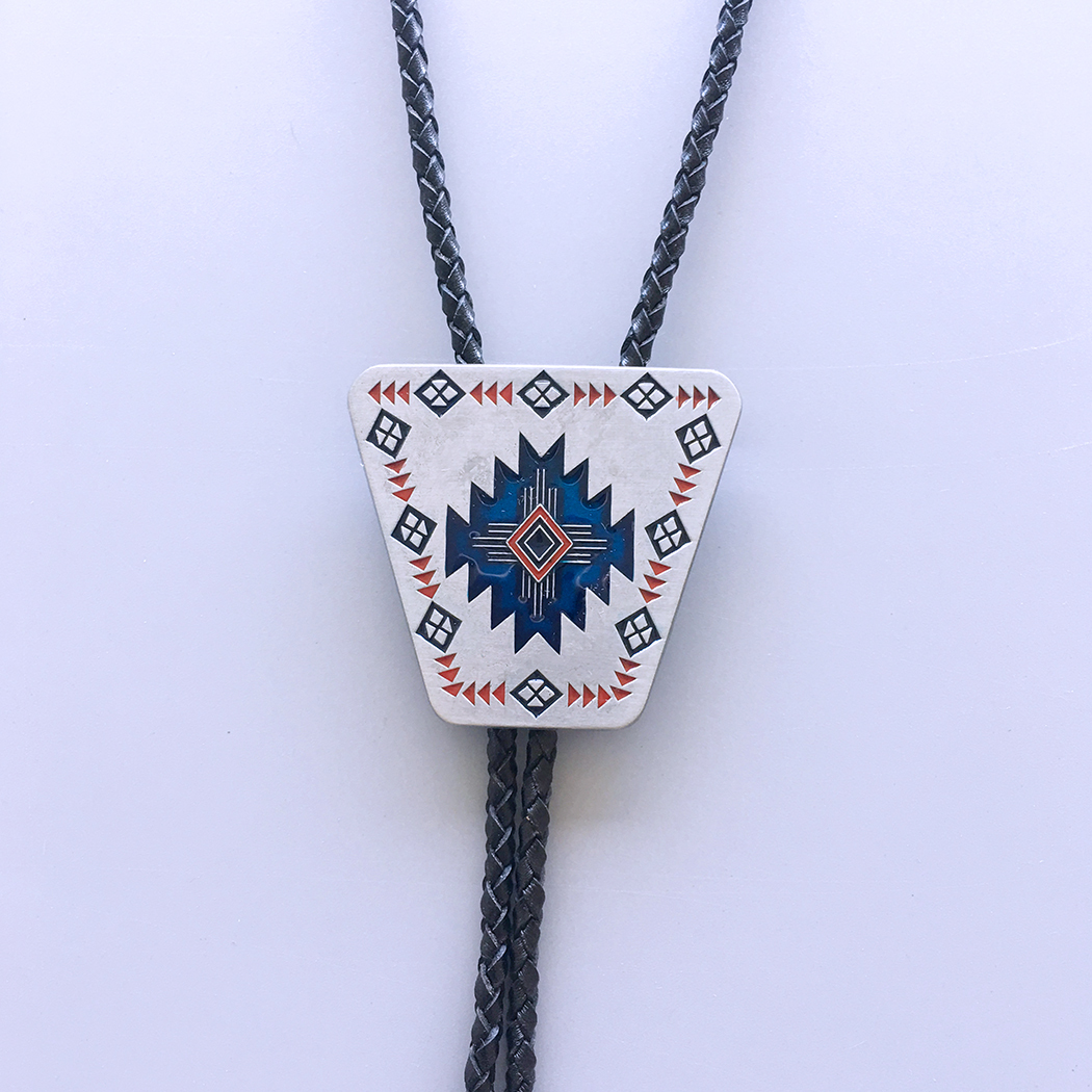 Antique Silver Enamel Western Southwest Totem Bolo Tie BOLOTIE-003