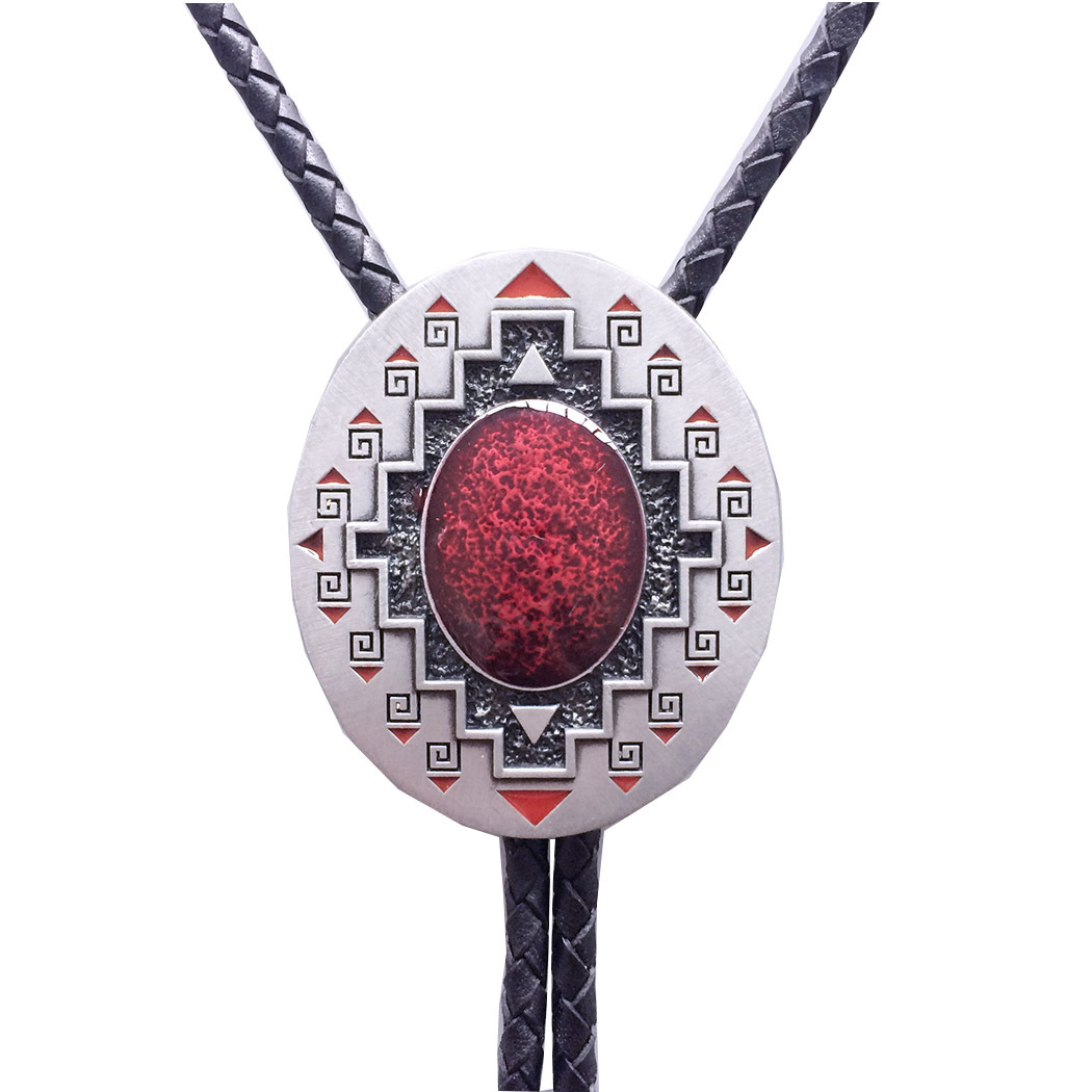 Antique Brushed Silver Southwest Pattern Oval Bolo Tie BOLOTIE-001