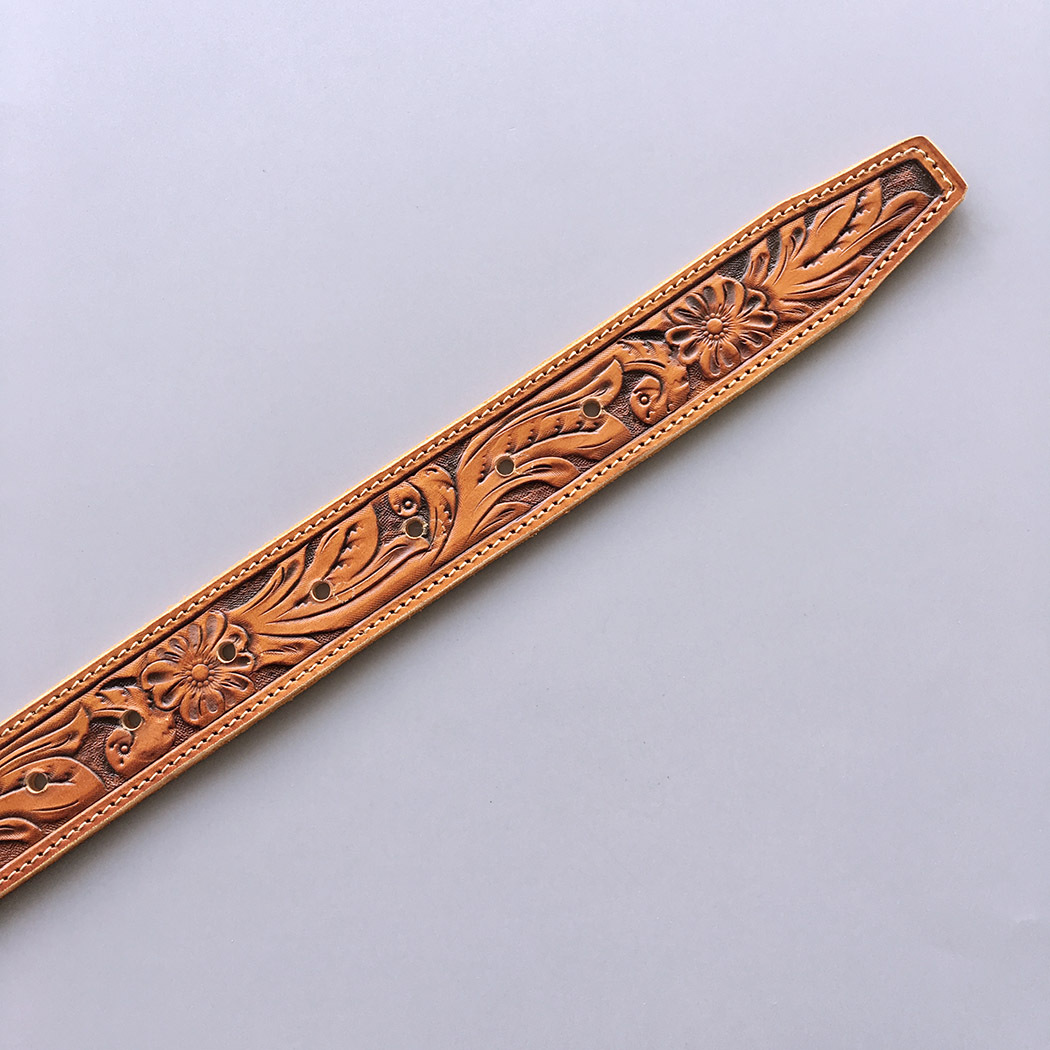 Light Coffee Hand Crafted Western Flowers Solid Real Leather Belt With Brass Screws BELT1-003LW