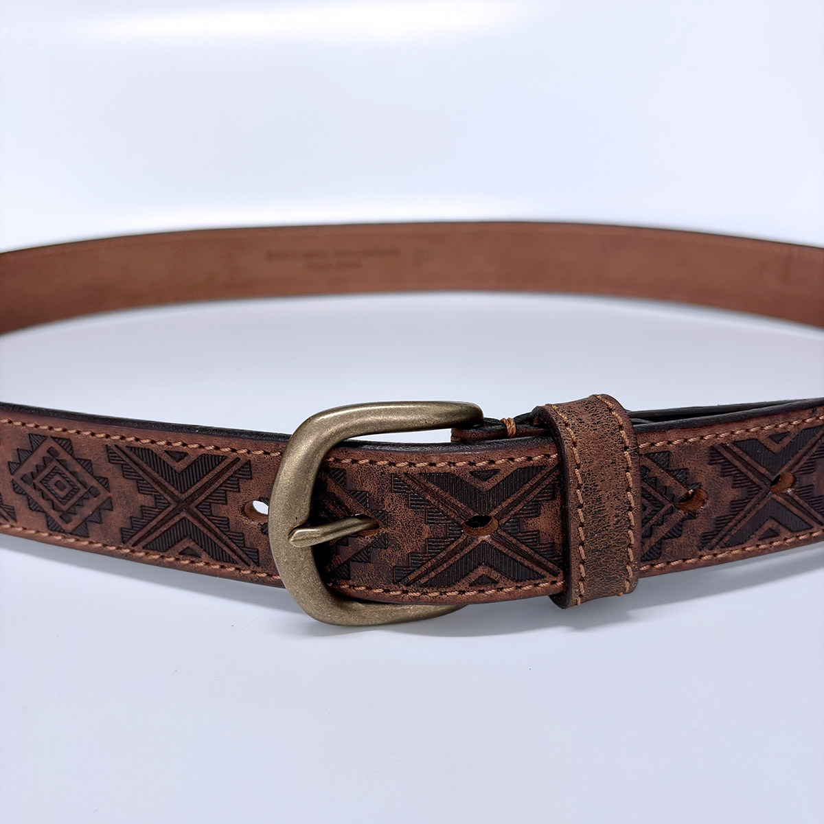 Western Southwest Laser Engrave Brown Genuine Leather Belt With Solid Brass Pin Buckle BELT1-027ZW