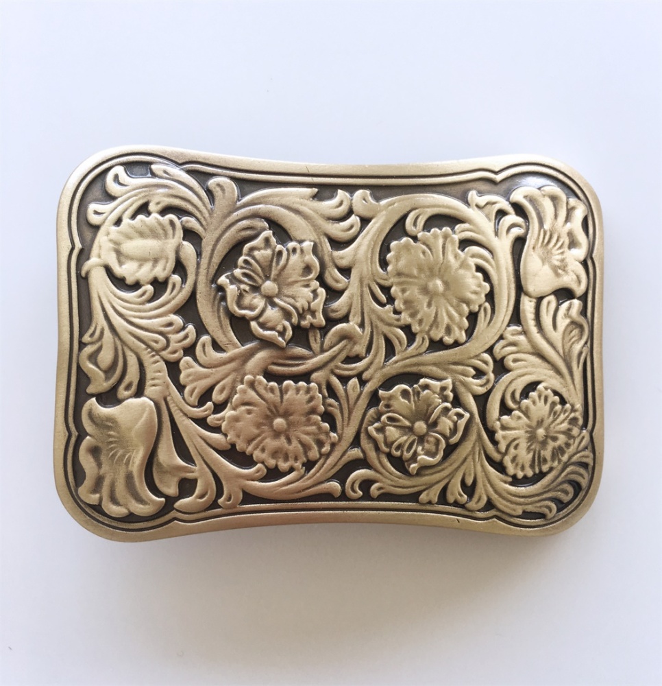 Western Flower Southwest Rectangle Solid Brass Belt Buckle BUCKLE-BS014
