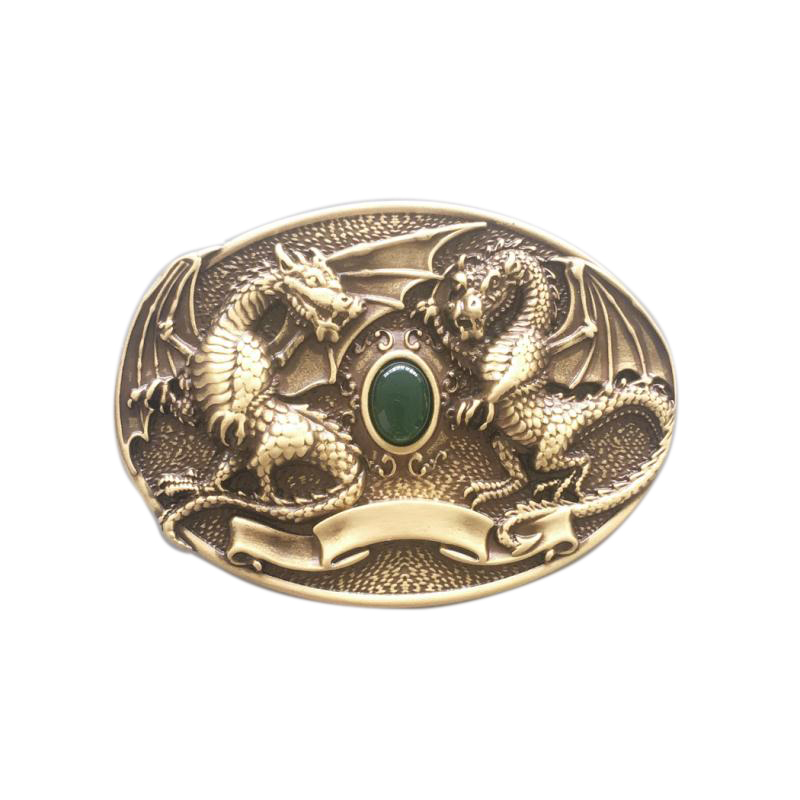 Twin Dragon Oval Solid Brass Belt Buckle