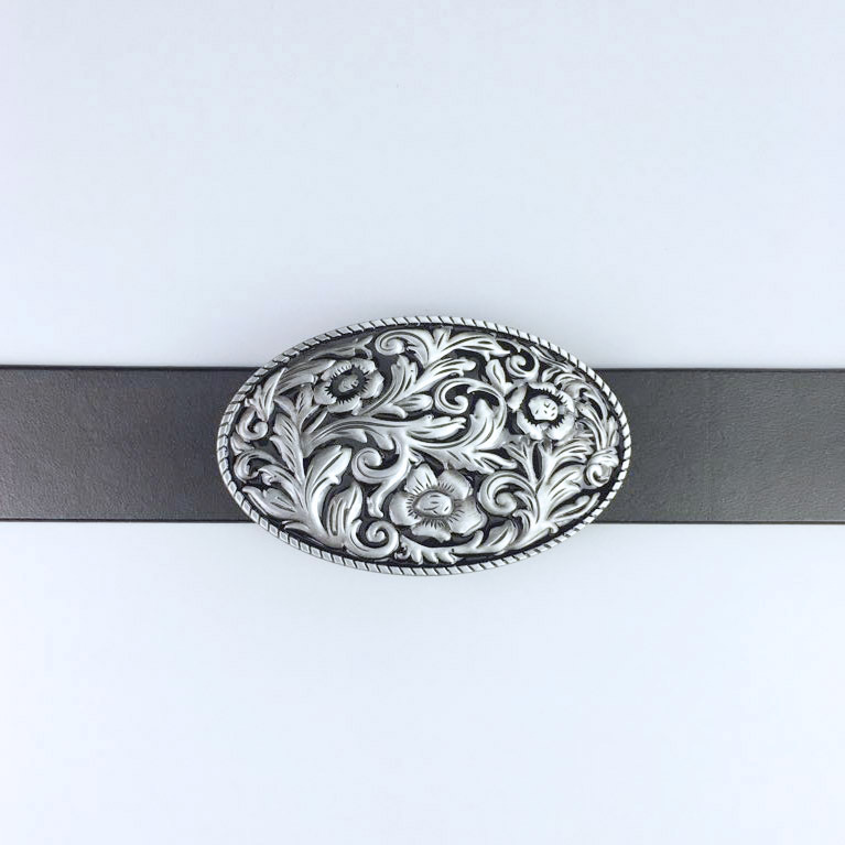Vintage Black Enamel Cowboy Cowgirl Flower Oval Western Belt Buckle Gurtelschnalle Boucle de ceinture