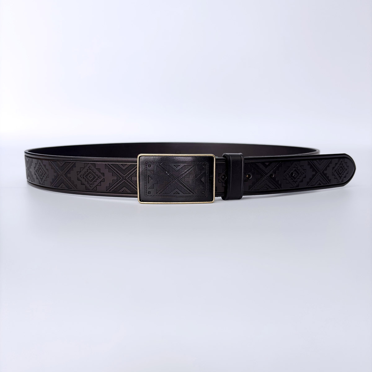 Western Southwest Laser Engrave Black Genuine Leather Belt With Solid Brass Buckle BELT1-028BK