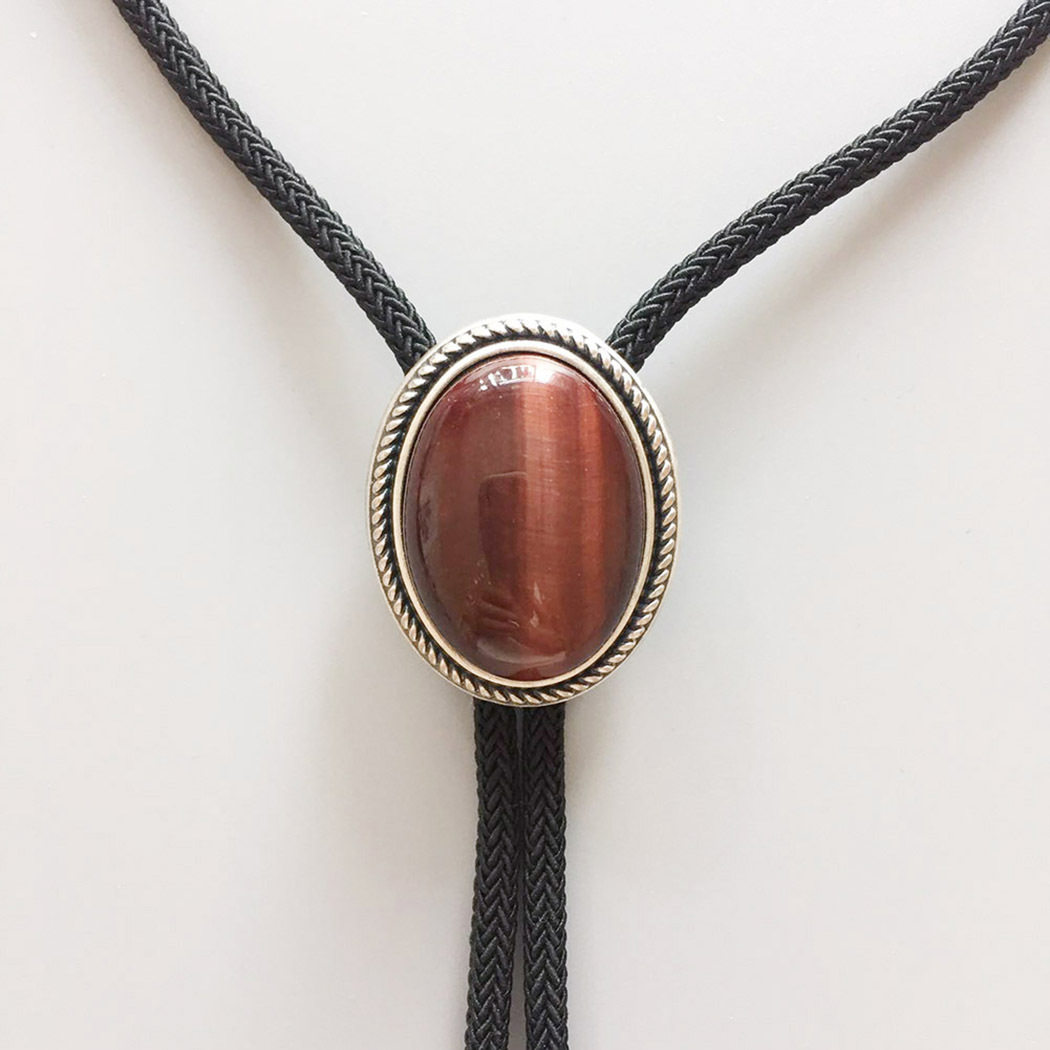 Red Tiger Eye Stone Western Oval Bolo Tie With Braided Fiber Rope BOLOTIE-024SK