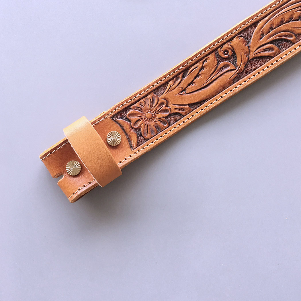 Light Coffee Hand Crafted Western Flowers Solid Real Leather Belt With Brass Screws BELT1-003LW