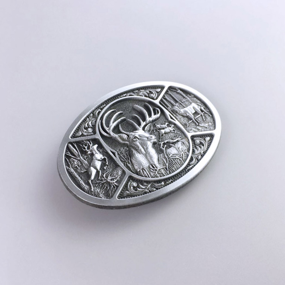 Antique Brushed Silver Western Deer Wildlife Oval Belt Buckle BUCKLE-WT151AS