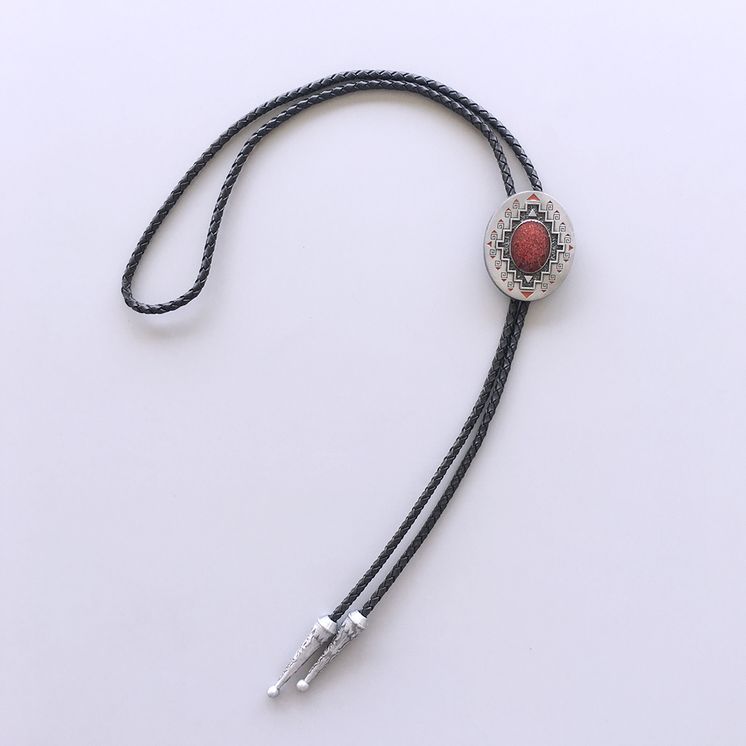 Antique Brushed Silver Southwest Pattern Oval Bolo Tie BOLOTIE-001