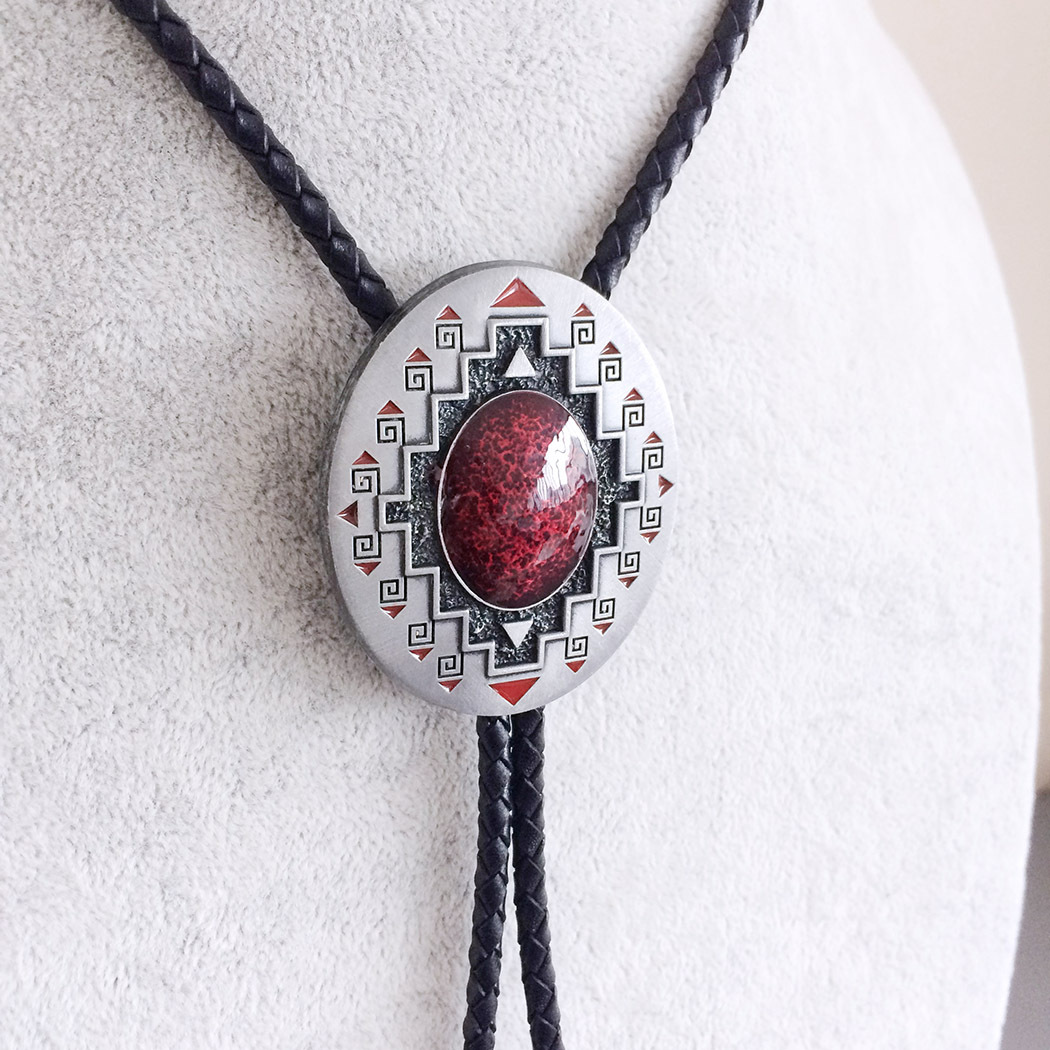 Antique Brushed Silver Southwest Pattern Oval Bolo Tie BOLOTIE-001