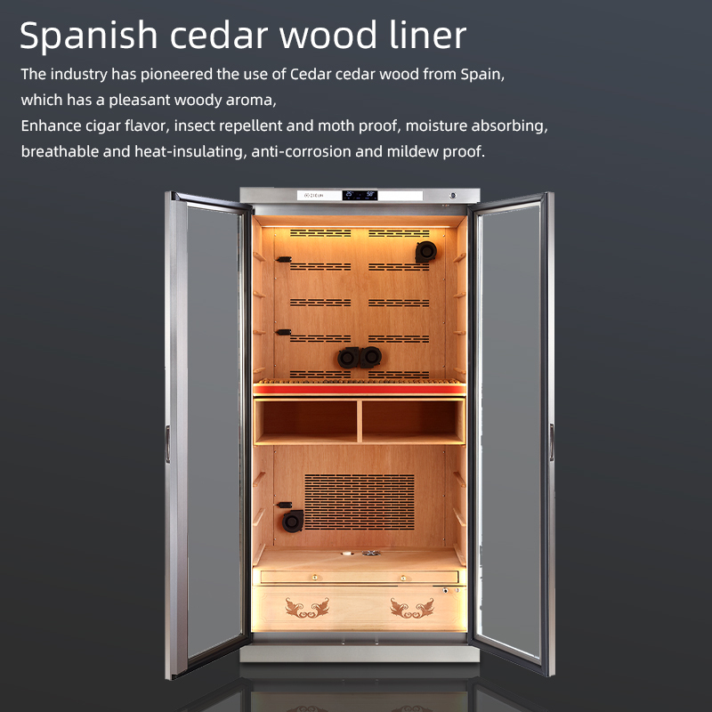 Double Door Single Zone Stainless Steel Large Capacity Cigar Humidor with Spain Cedar Shelves