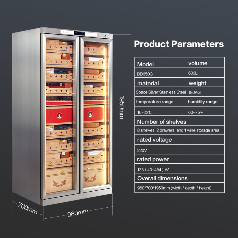 Double Door Single Zone Stainless Steel Large Capacity Cigar Humidor with Spain Cedar Shelves