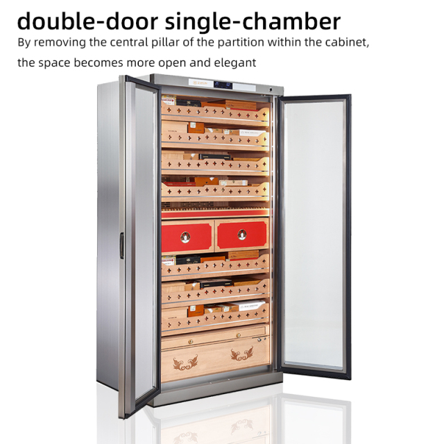 Double Door Single Zone Stainless Steel Large Capacity Cigar Humidor with Spain Cedar Shelves