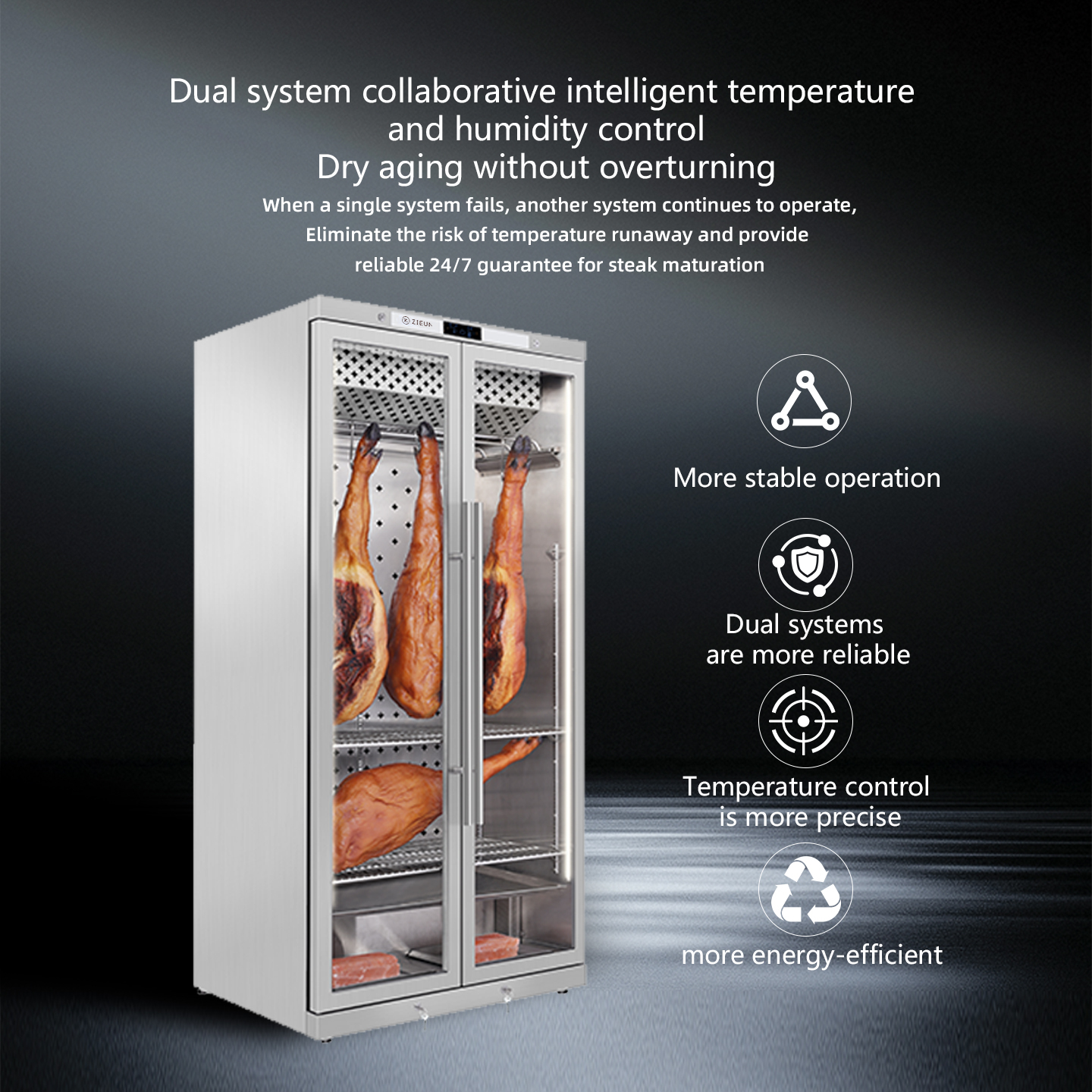 ZIEUN Stainless Steel Double Door Intelligent Temperature and Humidity Control Steak Aging Cabinet