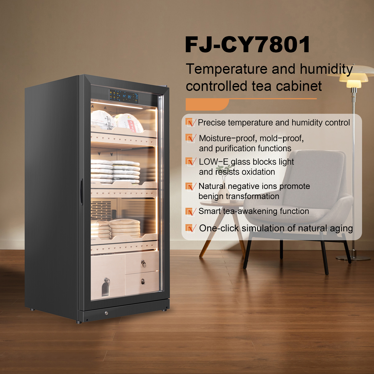 RACHING Tea cabinet FJ-CY7801 for raw and ripe Pu erh tea, with constant temperature and humidity for preservation and moisture retention