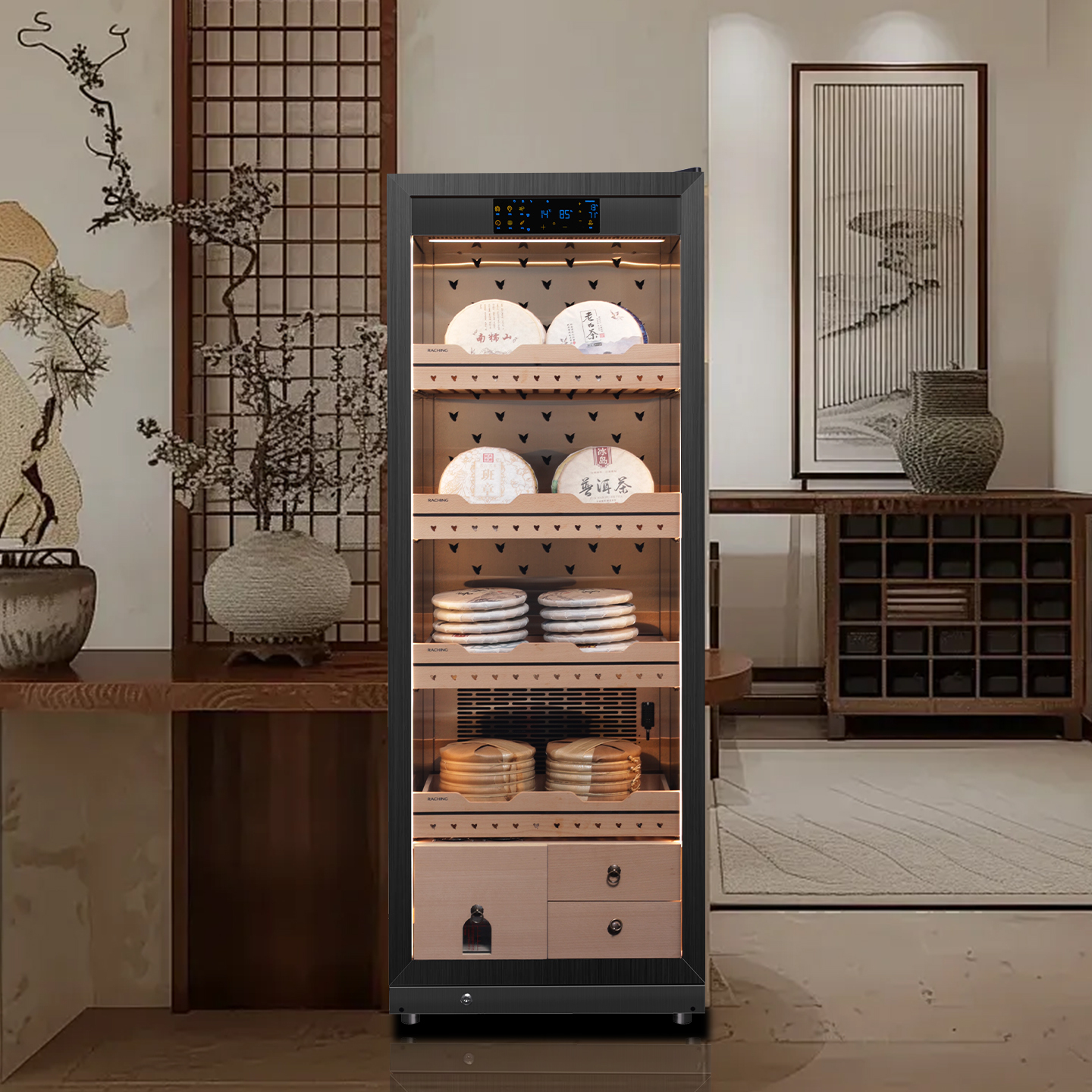 RACHING Tea cabinet FJ-CY8801 for raw and ripe Pu erh tea, with constant temperature and humidity for preservation and moisture retention. Refrigerator display cabinet