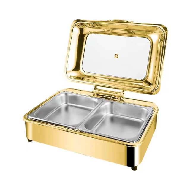 9L Golden Rectangular Stainless Steel Fully Enclosed Electric Chafing Dish