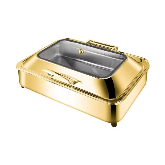 9L Golden Rectangular Stainless Steel Fully Enclosed Electric Chafing Dish