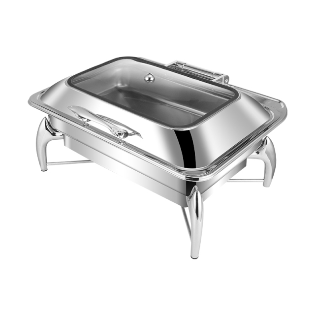 9L Silver Rectangular Glass Lid Stainless Steel Enclosed Electric Chafing Dish