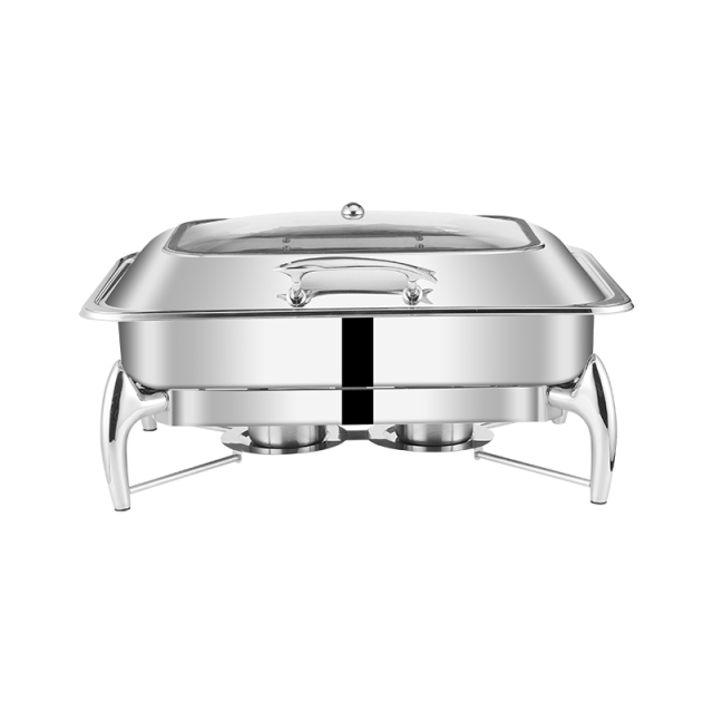 9L Silver Rectangular Glass Lid Stainless Steel Enclosed Electric Chafing Dish