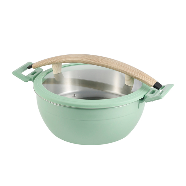 Green  Round Chafer Pot With Green Silica gel glass lid Wooden handle 5.2L
