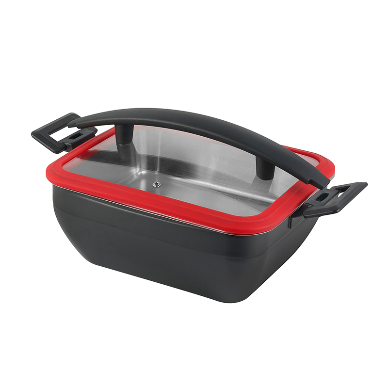 Square Chafer Pot With Red  Silica gel glass lid Wooden handle 5.2L